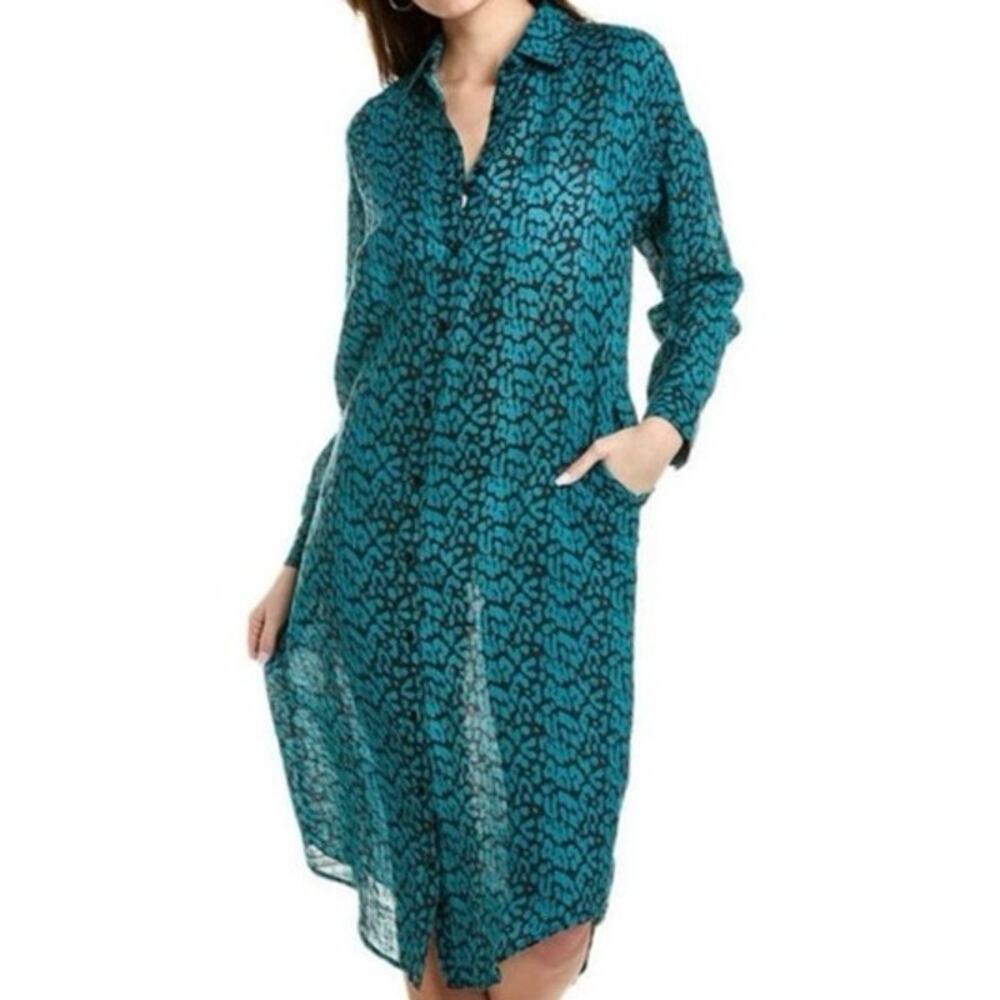 SOLID & STRIPED Teal Blue Leopard The Oxford Shirt Dress Linen - Sz XS